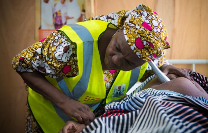 A survivor at an IDP camp in Maiduguri, receiving ante-natal care at a UNFPA health facility 